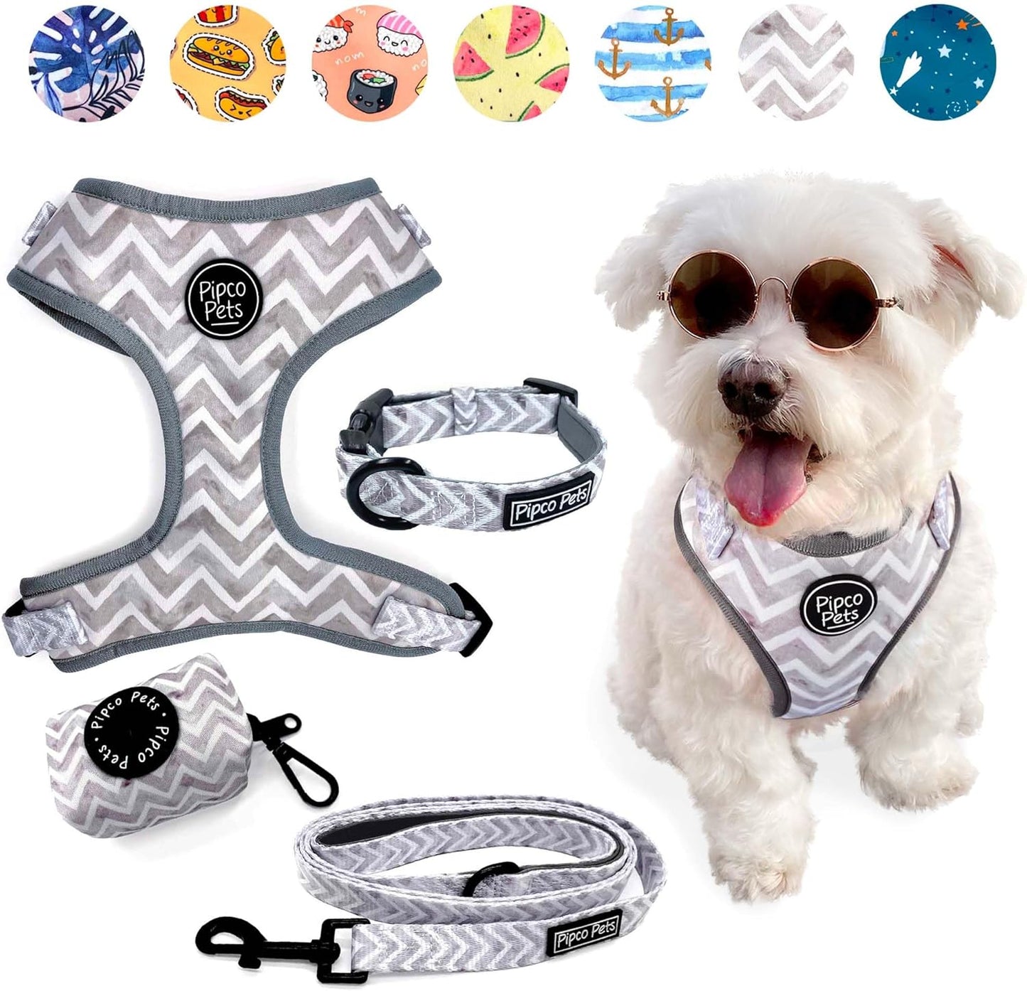 4-Piece Walkies Bundle [Pipco Pets] - Adjustable Dog Harness + Collar + Lead + Poo Bag | (XS, Gettin' Ziggy)