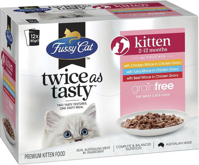Fussy Cat Grain Free Twice as Tasty Kitten Wet Food, Kitten Mince 12x80g