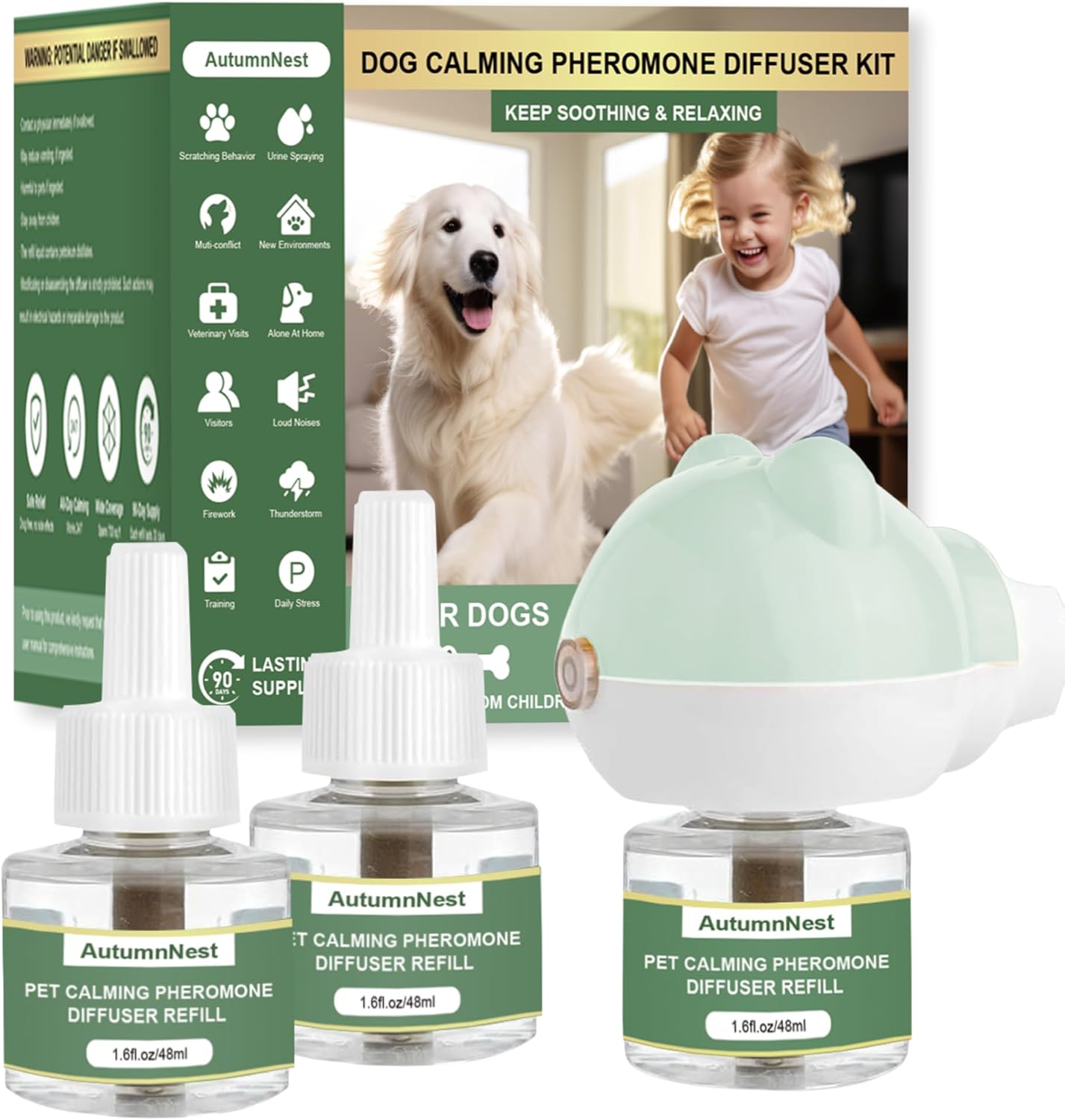 Dog Calming Diffuser Plug-in with Gentle Night Glow, 3 Refills Kit