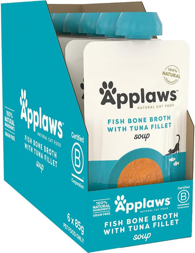 Applaws 100% Natural Wet Cat Treat Fish Bone Broth with Tuna Fillet Soup, Limited Ingredients Pet Food 80g (Pack of 6)