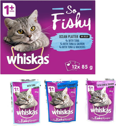 Whiskas So Fishy Ocean Platter in Jelly Adult Cat Wet Food 85g (Pack of 12)