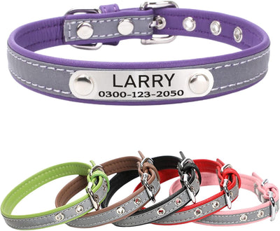 Yonsbox Custom Personalized Reflective Cat Dog Collar with Name Plate Engraved Cute Purple Puppy Kitten