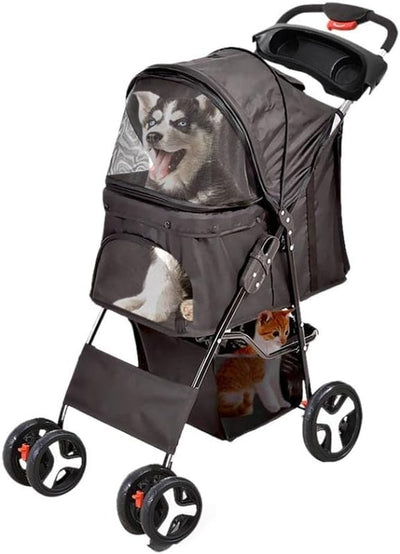 PaWz 4 Wheels Pet Stroller Dog Cat Cage Puppy Pushchair Travel Walk Carrier Pram Black