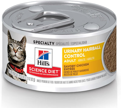 Hill's Science Diet Adult Wet Cat Food, Urinary Hairball Control Savory Chicken Entrée, 82g, 24 Pack, Canned Cat Food