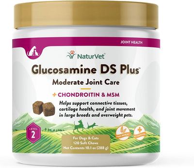 NaturVet Glucosamine DS Plus Level 2 Moderate Joint Care for Dogs and Cats, 120 ct Soft Chews, Made in USA