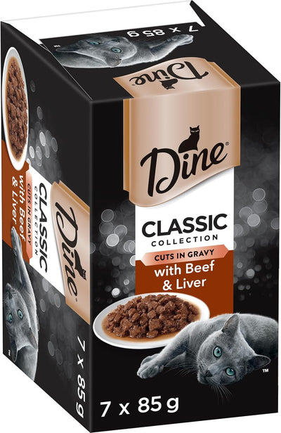 DINE Classic Collection Adult Wet Cat Food Cuts in Gravy with Beef & Liver 7 x 85g, 6 Pack (42 Trays)