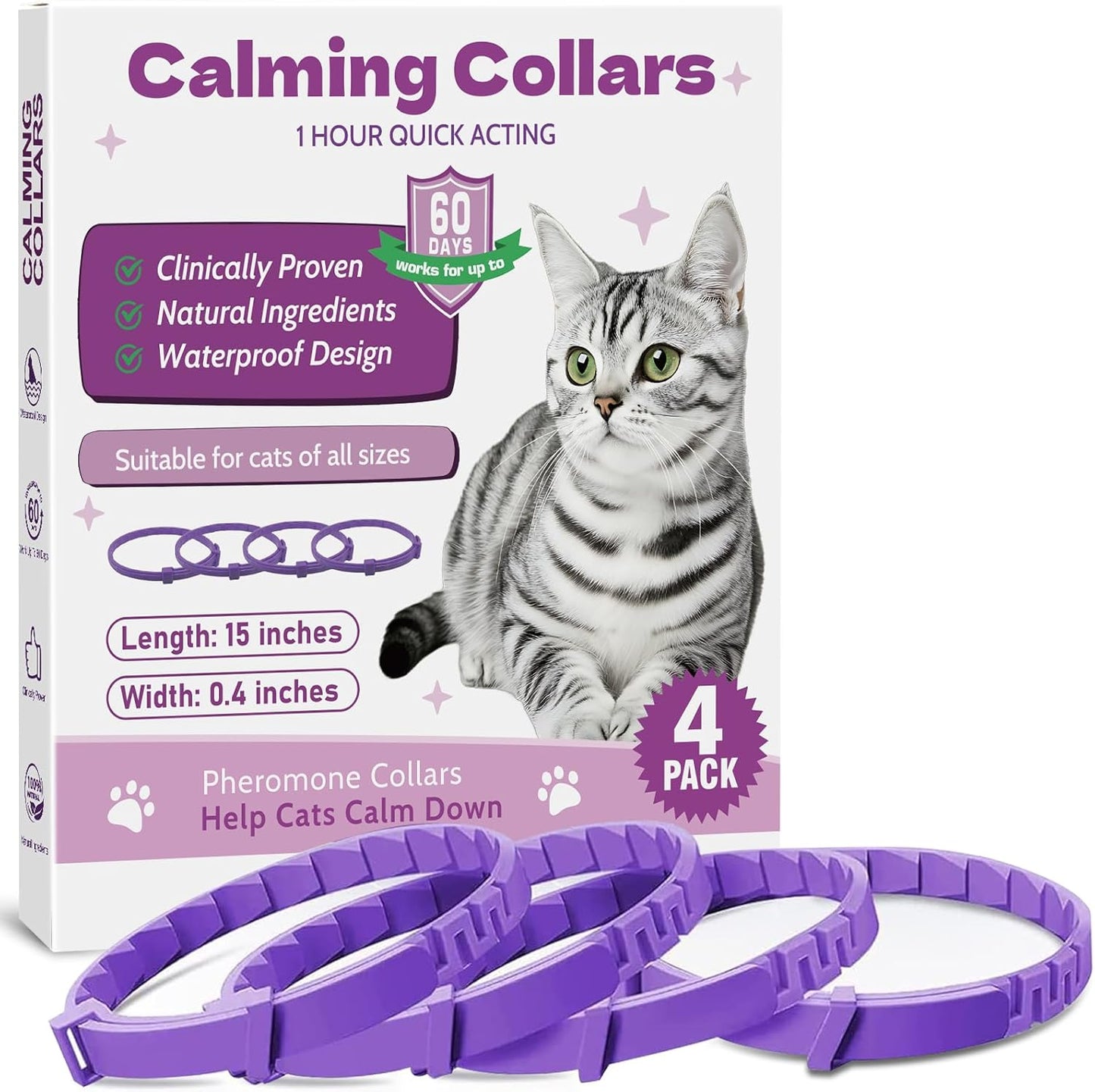 Calming Collar for Cats -4 Pack Soother Cats Calming Collars Anxiety Relief Stress Drug-Free & Lavender-Free -Adjustable for Small, Medium Large Cat -Natural Ingredients Pheromones Rapid Effect Purple