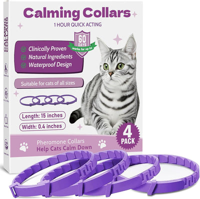 Calming Collar for Cats -4 Pack Soother Cats Calming Collars Anxiety Relief Stress Drug-Free & Lavender-Free -Adjustable for Small, Medium Large Cat -Natural Ingredients Pheromones Rapid Effect Purple