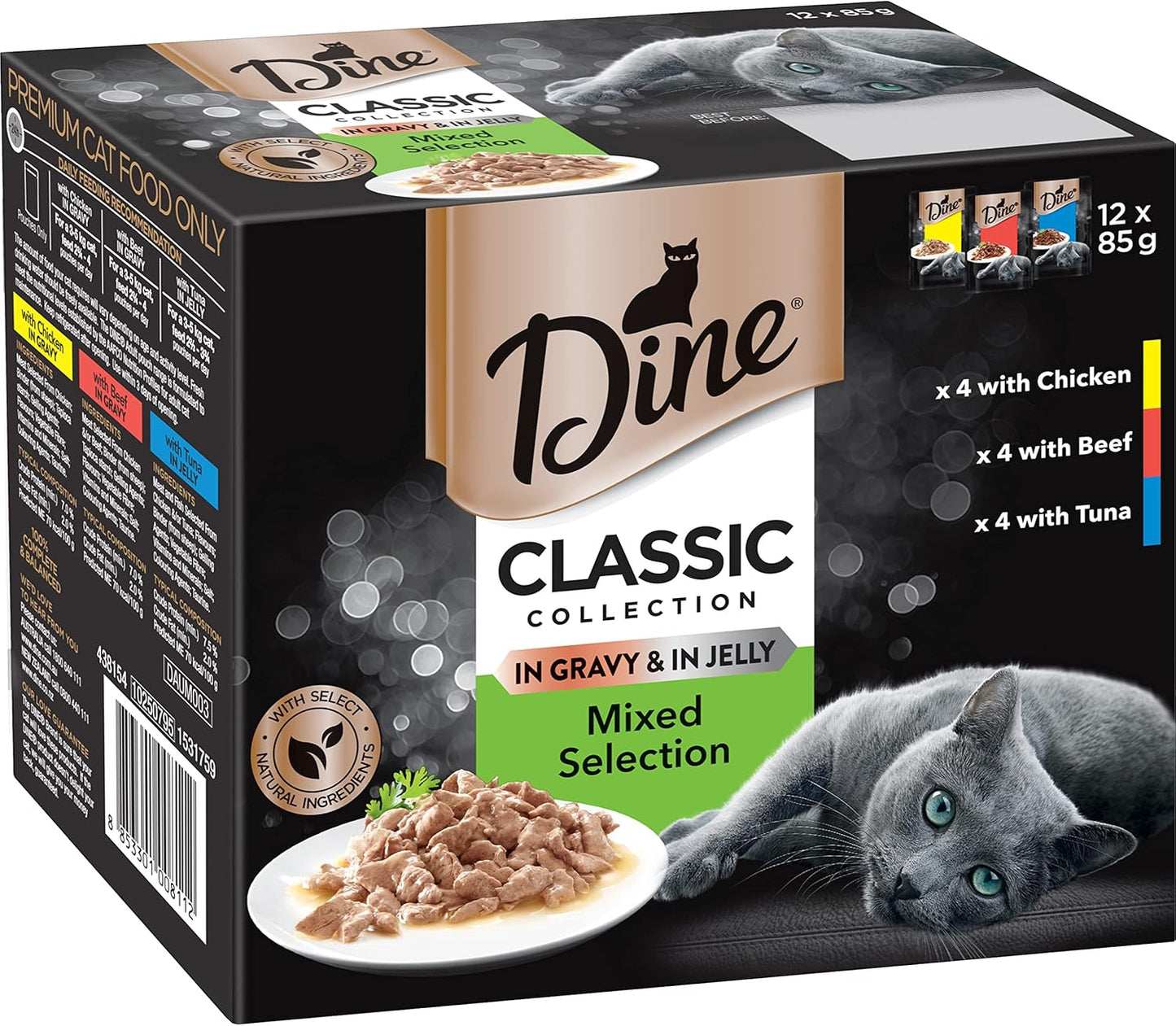 DINE Classic Collection Adult Wet Cat Food Mixed Selection in Gravy & in Jelly 12 x 85g, 5 Pack (60 Pouches)