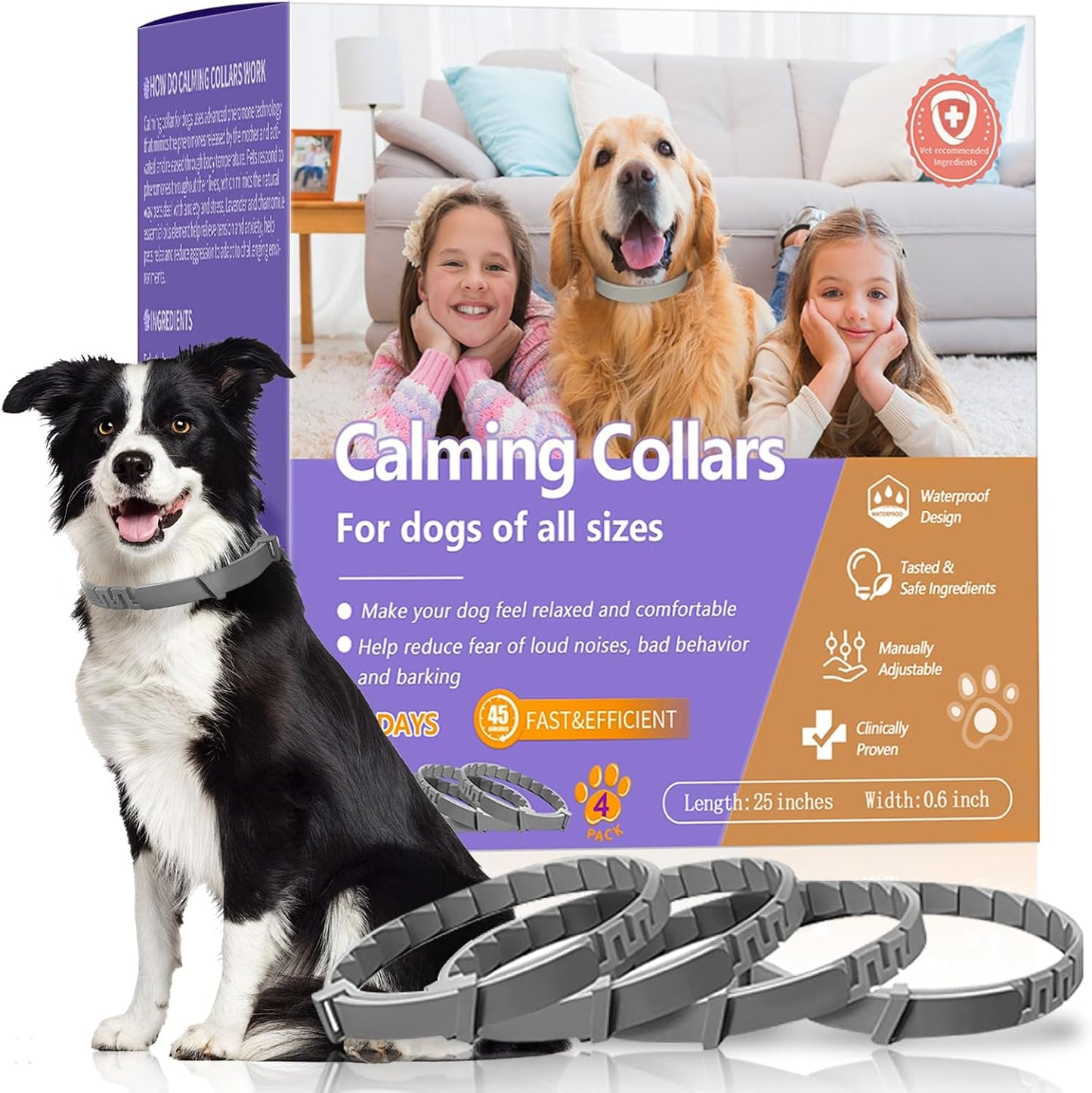 4 Pack Calming Collar for Dogs with Natural Pheromone | Dog Calming Collar Helps Reduce Unwanted Behavior | Stress Relief for Puppy & Adult Dogs, ‌Waterproof Calm & Relaxation Lasts 60 Days (Grey)