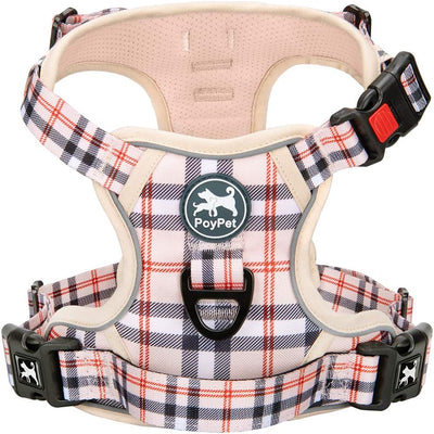 PoyPet No Pull Dog Harness, No Choke Reflective Oxford Outdoor Vest (Checkered Beige,S)