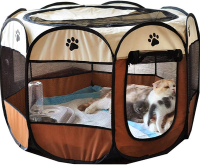 Pet Playpen Dog Tent, 114x114x58cm Foldable Portable Soft Dog Exercise Pen  (Large, Brown)