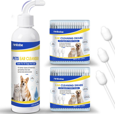 Ninibabie Ear Cleaning Solution for Dogs and Cats,Dog Ear Infection Treatment,Removes Wax and Odor with Pet Large Cotton Swabs 60pcs,Helps for Dog Ear Wash&Cat Ear Cleaner