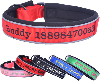 Adjustable Reflective Personalised Thick Dog Collar 1.6 Inch 4 CM Wide with Quick Release Buckle Soft Neoprene Padded Custom Embroidered Pet Name Phone Number for Boy Girl Small Medium Large Dogs