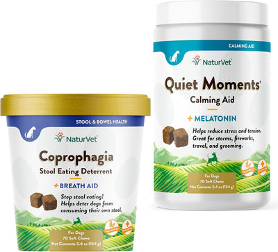 NaturVet – Coprophagia Stool Eating Deterrent Plus Breath Aid – 70 Soft Chews & Quiet Moments Calming Aid – Helps Promote Relaxation, Reduce Stress, Storm Anxiety, Motion Sickness for Dogs – 70 Ct.