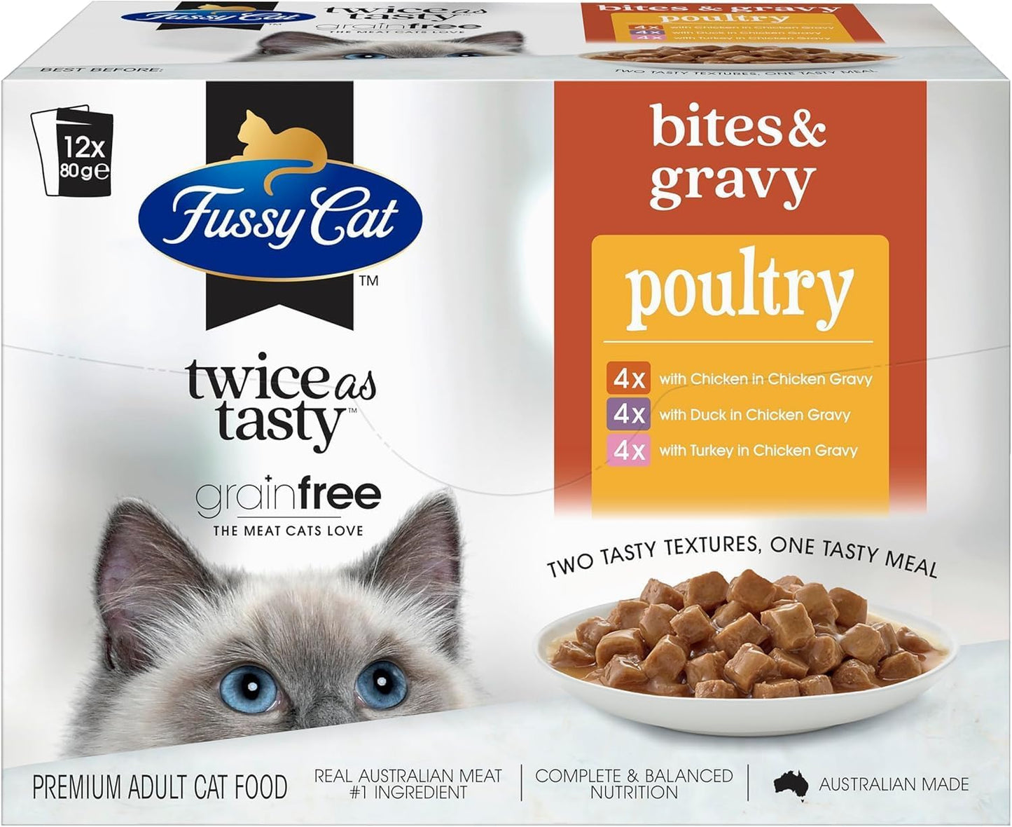 Fussy Cat Grain Free Adult Twice as Tasty Wet Cat Food, Bites & Gravy Poultry 12x80g