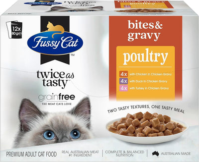 Fussy Cat Grain Free Adult Twice as Tasty Wet Cat Food, Bites & Gravy Poultry 12x80g
