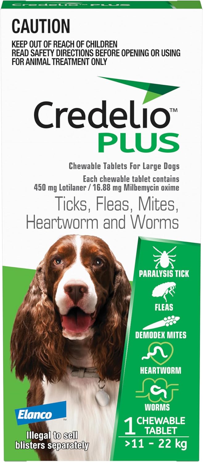 Credelio PLUS Dog Flea and Tick Treatment, Single Pack, Ticks, Fleas, Mites, Heartworm & Worms Parasite Protection, in The Smallest Monthly Chewable Tablet for Dogs > 11-22 kg, 1 Pack