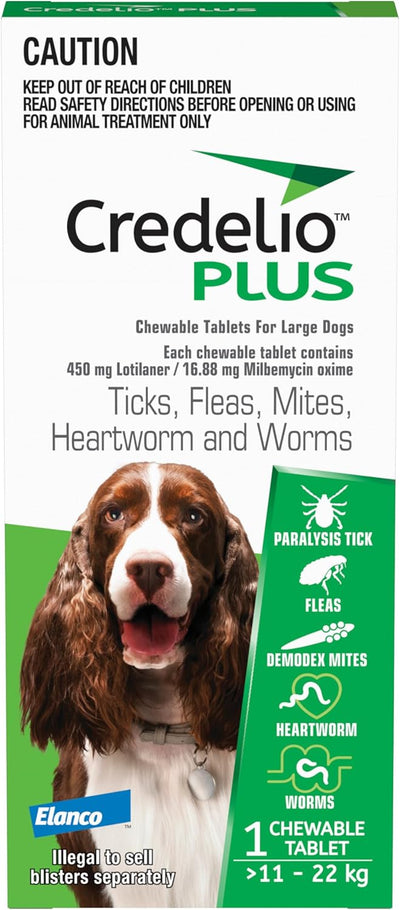 Credelio PLUS Dog Flea and Tick Treatment, Single Pack, Ticks, Fleas, Mites, Heartworm & Worms Parasite Protection, in The Smallest Monthly Chewable Tablet for Dogs > 11-22 kg, 1 Pack