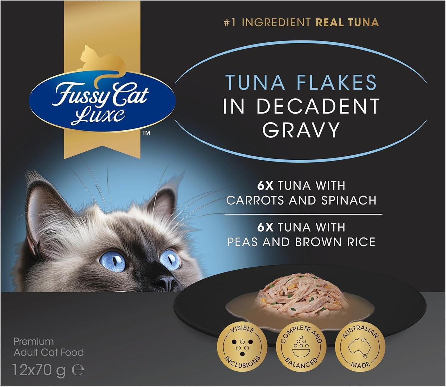 Fussy Cat Luxe Wet Cat Food, Tuna Flakes in Decadent Gravy 12x70g