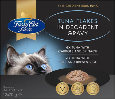 Fussy Cat Luxe Wet Cat Food, Tuna Flakes in Decadent Gravy 12x70g