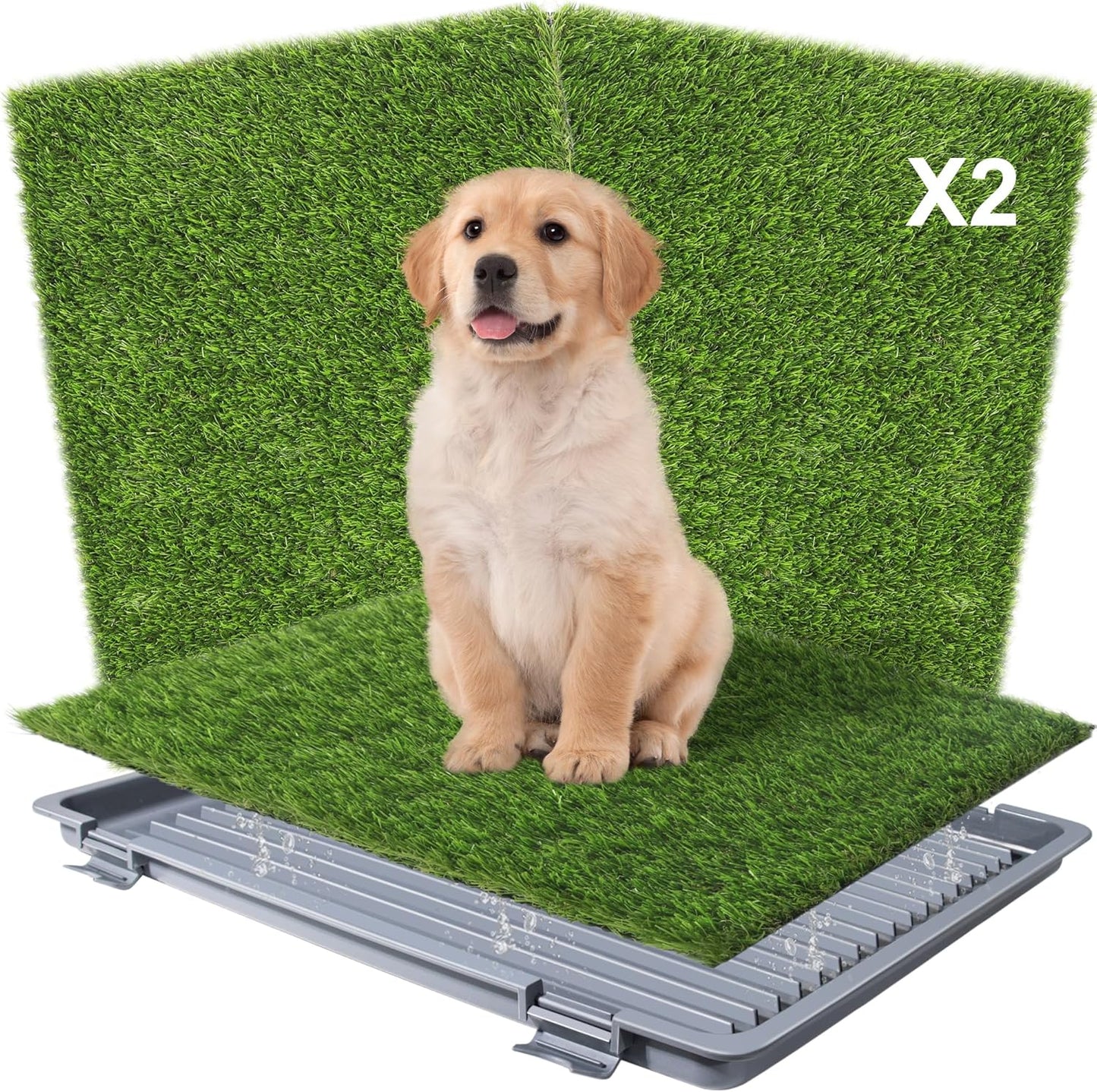 Dog Grass Pad with Tray: Reusable Training Pad with 2-Pack Replaceable Artificial Grass 22"x18" Grey