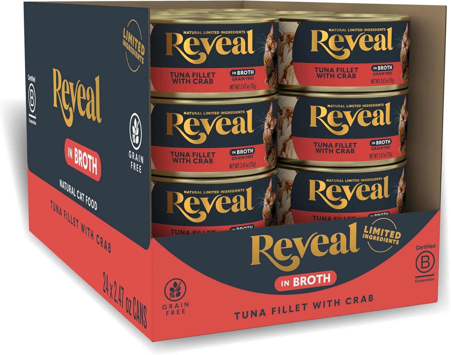 Reveal Natural Wet Cat Food, 24 Count, Grain Free, Limited Ingredient Canned Food for Cats, Tuna with Crab in Broth, 70g Tins