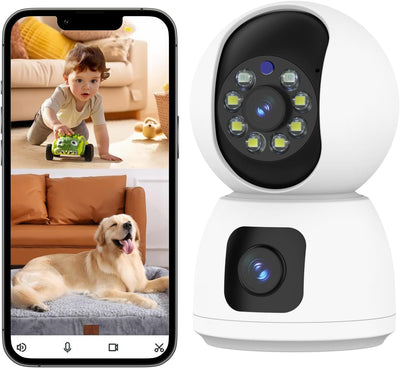 Indoor Security Camera Dual Lens, 2K Pan/Tilt Baby/Dog/Pet Camera with Phone app