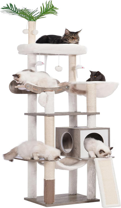 Heybly Wood Cat Tree for Indoor Cats, Cat Condo for Large Cats with Self Groomer