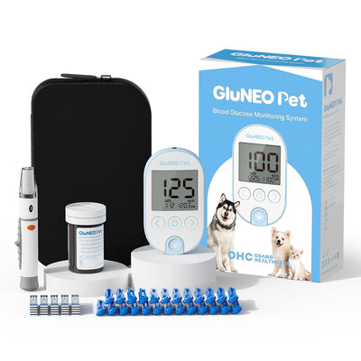 OHC GluNEO Pet Blood Glucose Monitoring System for Cats and Dogs – Accurate & Easy Testing Complete Set – Includes Wireless Meter, Lancing Device, 25 Test Strips, 25 Lancets, Soft Case