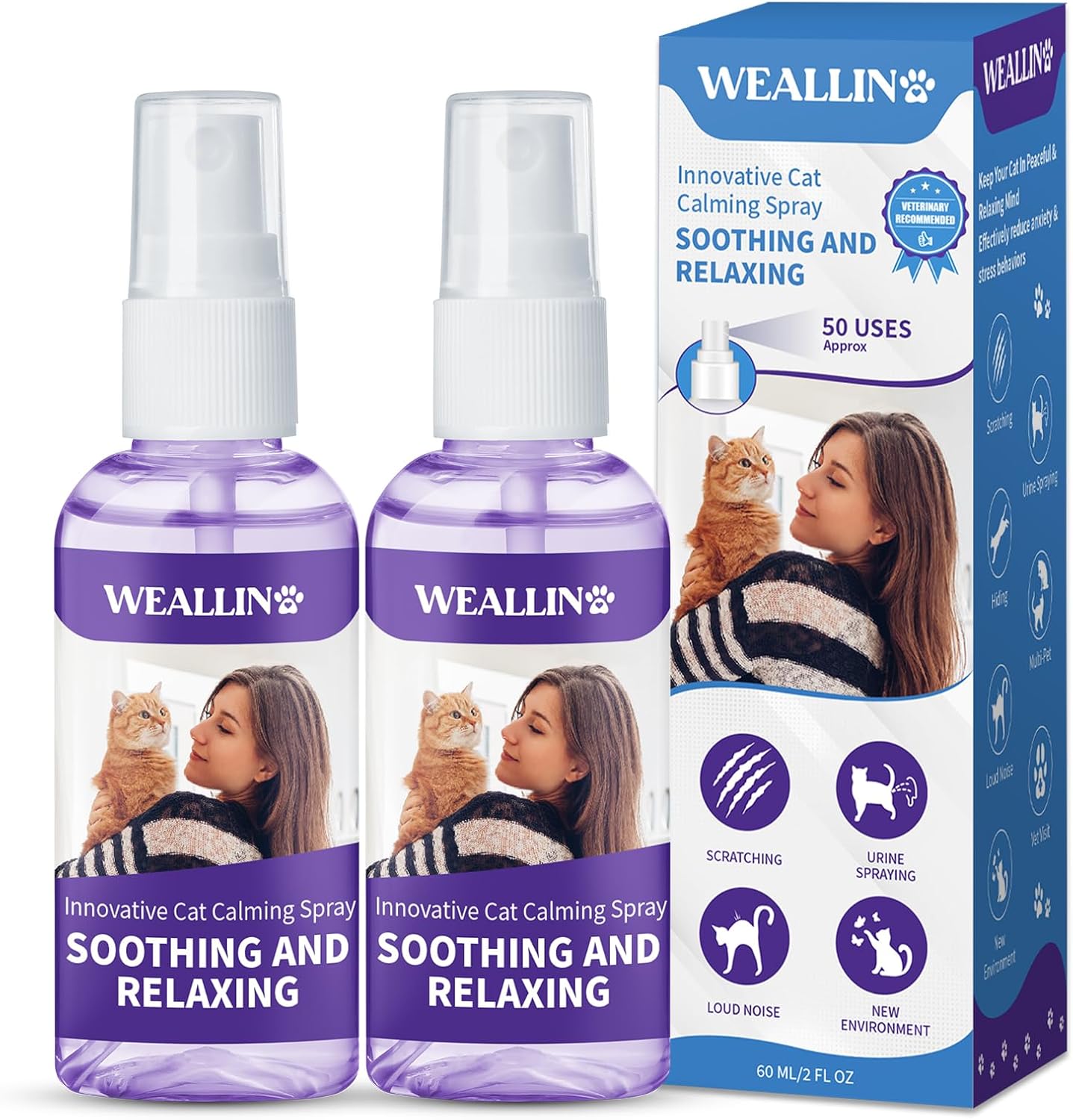 Cats Calming Spray - 2 Pack, Natural Calming Solution for Cats-Cat Facial Pheromone, Reduce Stress, Anxiety, Scratching, Hiding, Suit for Home, Travel, Vet Visits, Protect Furniture, Floors