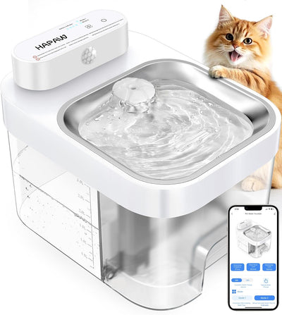 Cat Water Fountain, App Monitoring Separated Clean & Waste Water Wireless Smart Pet Water Fountain, 5000mAh Battery & Plug-in Automatic Water Dispenser for Cats Indoor and 2.4G Wi-Fi, No Filter