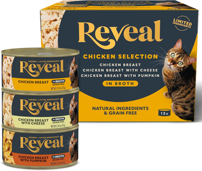 Reveal Natural Wet Cat Food, 12 Count, Grain Free, Limited Ingredient Canned Food for Cats, Chicken Deluxe Selection in Broth, 70g Tins