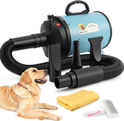 Mxmoonant 2400W 3.2HP Dog Dryer Pets Hair Dryer Stepless Speed Temp Adjustable High Velocity Dog Cat Hair Blower (Blue UK Plug)