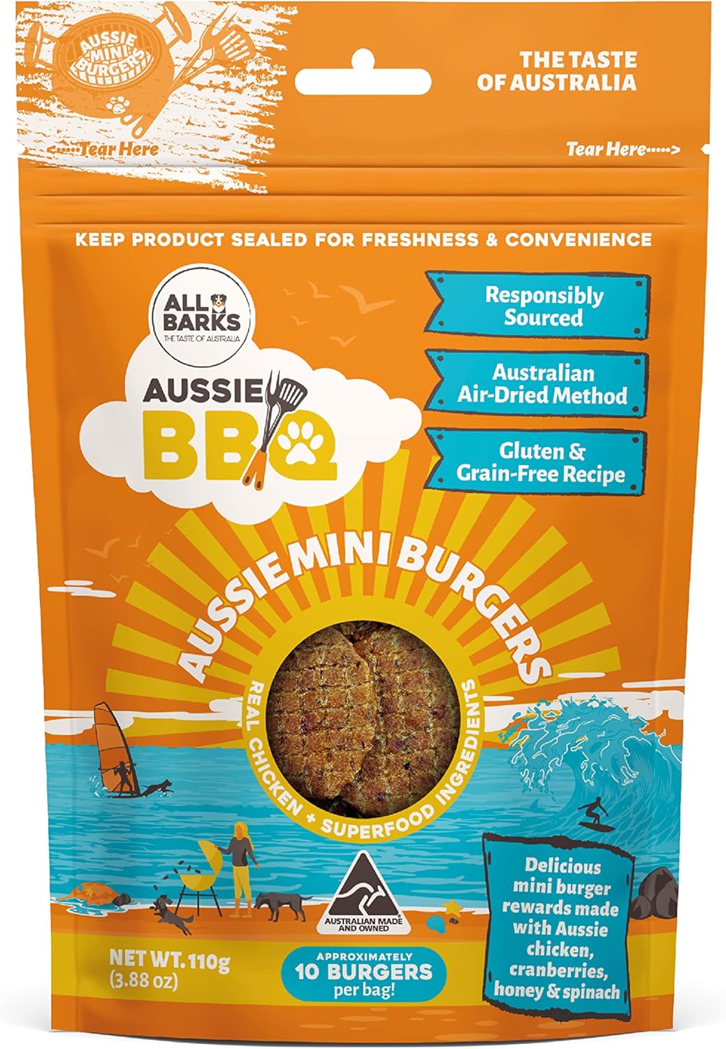Aussie Mini Burgers - 100% Aussie Chicken & Superfood Ingredients - Natural, Grain-Free Dog Treats - Snacks, Training or Rewards for Dogs - 110g