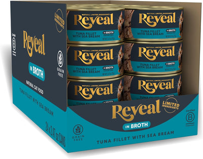 Reveal Natural Wet Cat Food, 24 Count, Grain Free, Limited Ingredient Canned Food for Cats, Tuna with Sea Bream in Broth, 70g Tins