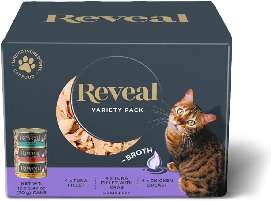 Reveal Natural Wet Cat Food, 12 Count, Grain Free, Limited Ingredient Canned Food for Cats, Variety in Broth, 70g Tins
