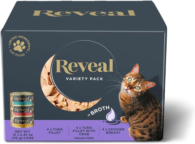 Reveal Natural Wet Cat Food, 12 Count, Grain Free, Limited Ingredient Canned Food for Cats, Variety in Broth, 70g Tins