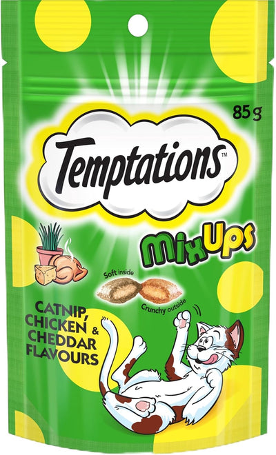 TEMPTATIONS Cat Treats Mixups Catnip, Chicken and Cheddar 85g Bag, 6 Pack