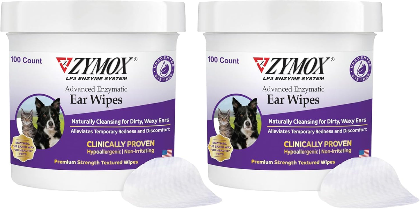 Zymox Advanced Enzymatic Ear Wipes for Dogs and Cats - for Dirty, Waxy, Smelly Ears- Hypoallergenic (100 Count-Pack of 2)