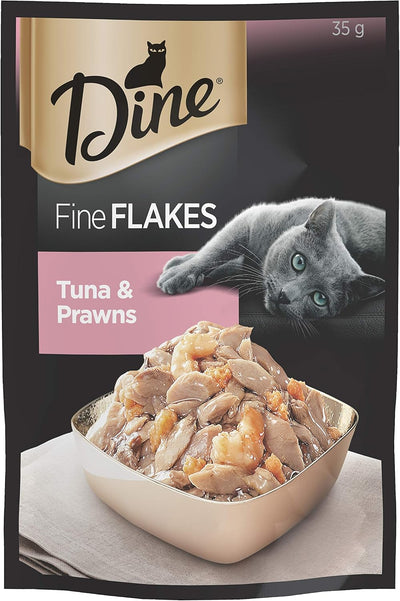 DINE Fine Flakes Adult Wet Cat Food Tuna & Prawns 35g Pouch, 12 Pack