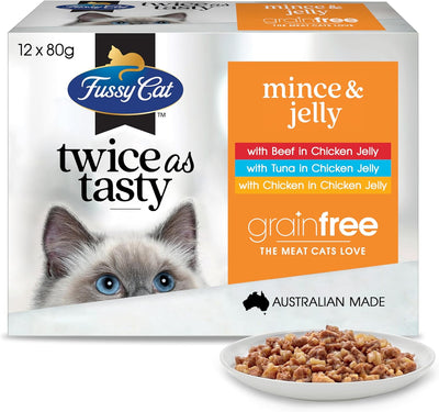 Fussy Cat Grain Free Adult Twice as Tasty Wet Cat Food, Mince & Jelly 12x80g