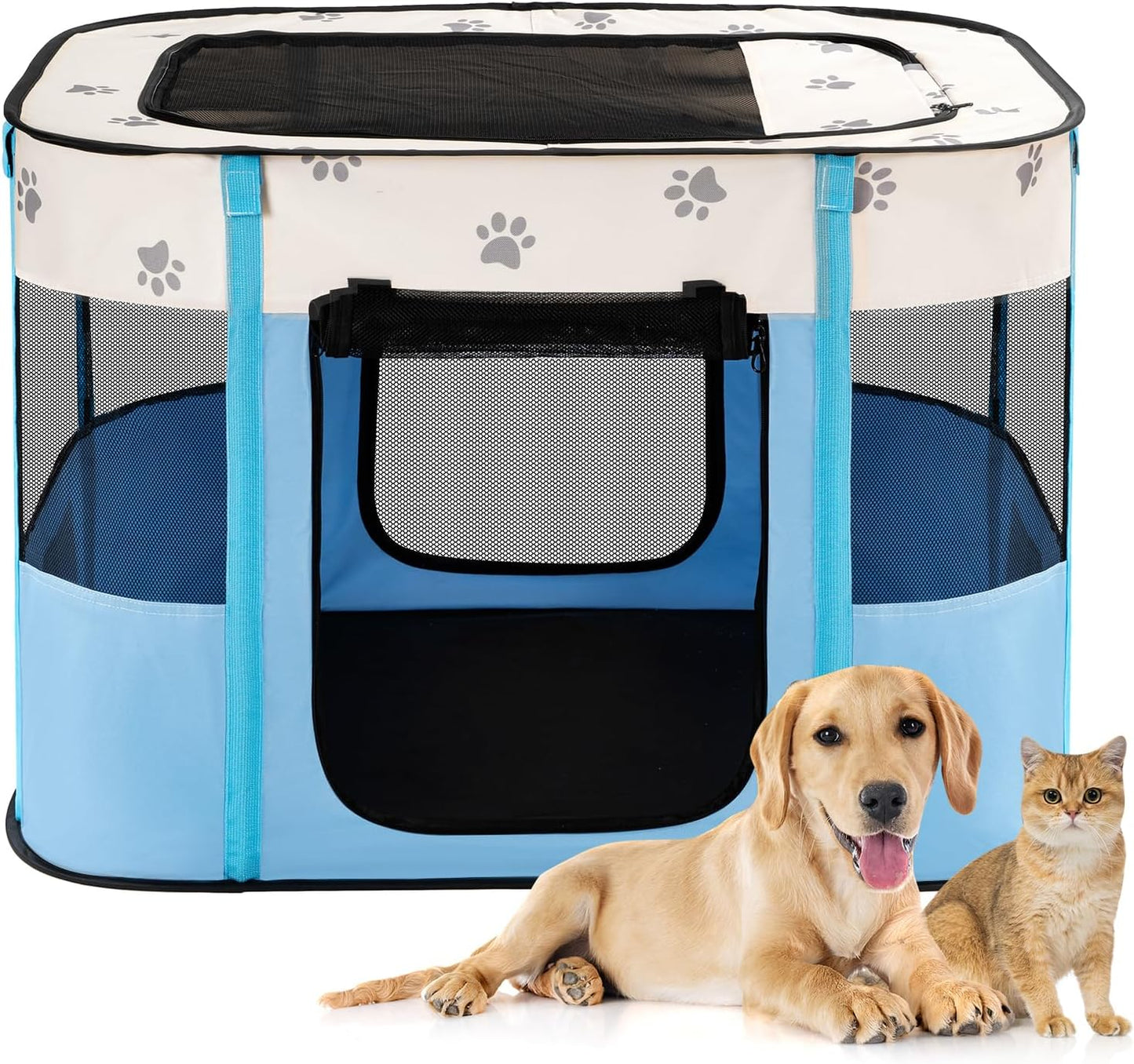 Avont Portable Dog Cat Playpen, Foldable Pop Up Pet Play Pen Travel Crate with Floor and Mesh Door Top for Indoor Outdoor Collapsible Tent Cage -S, Blue