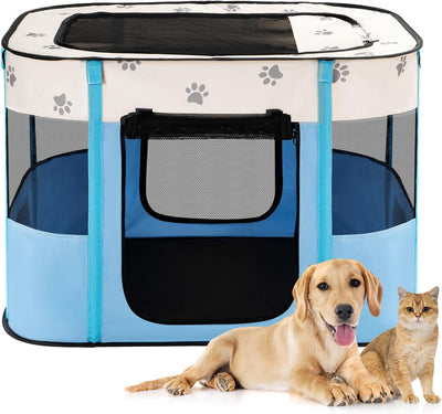 Avont Portable Dog Cat Playpen, Foldable Pop Up Pet Play Pen Travel Crate with Floor and Mesh Door Top for Indoor Outdoor Collapsible Tent Cage -S, Blue