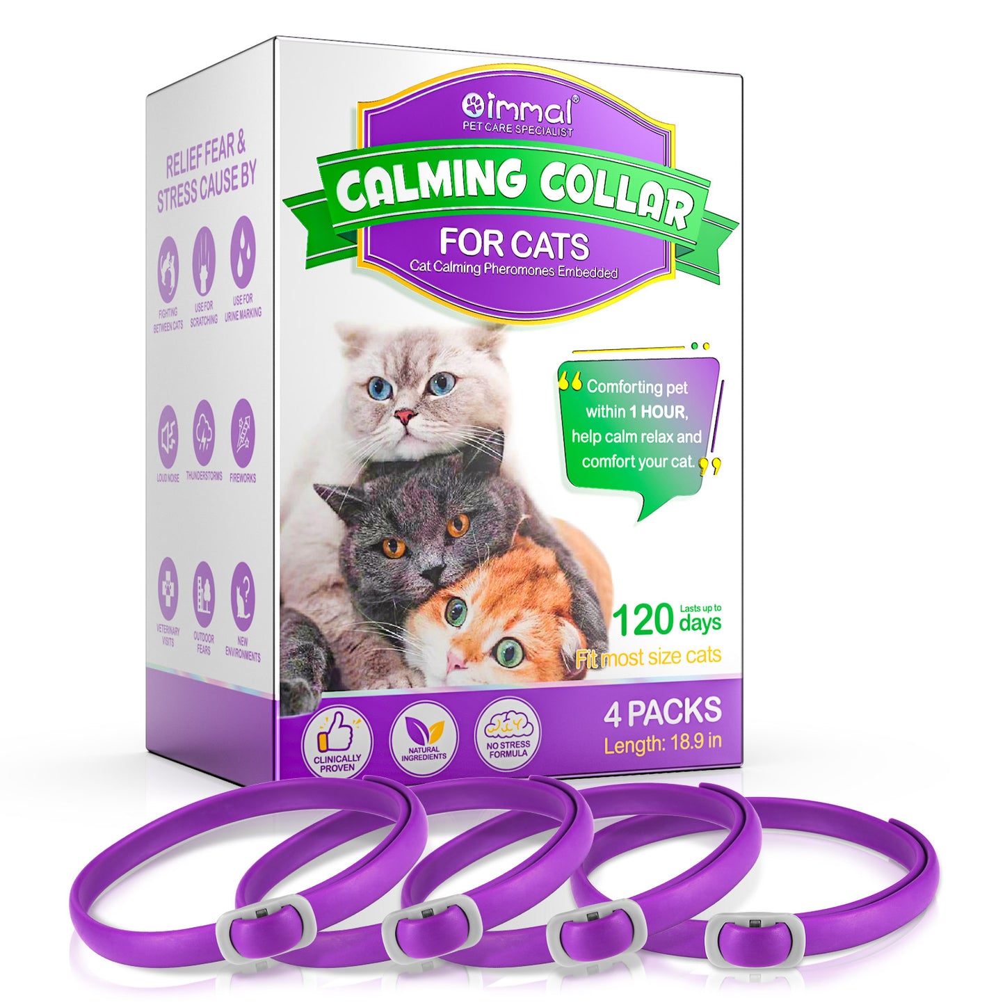 Cat Calming Collar 4 Pack – Natural Pheromone Anti Anxiety Collar for Cats, Stress Relief, Stops Scratching, Spraying & Fighting, Waterproof, Adjustable, Up to 120 Days Protection