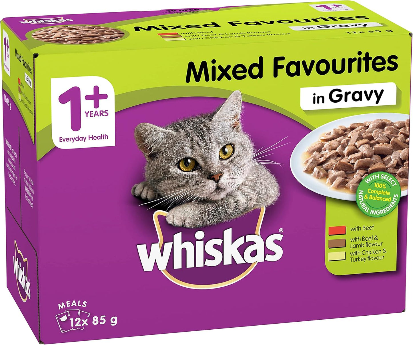 WHISKAS 1+ Years Wet Cat Food with Mixed Favourites in Gravy 12 x 85g, 5 Pack (60 Pouches)