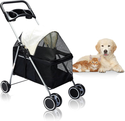 PaWz 4 Wheels Foldable Pet Stroller Dog Cat Travel Carrier Large Black