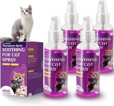 Cat Calming Spray, Natural Calming Solution for Cats Cat Pheromone Calming Spray, Reduce Stress, Anxiety, Scratching, Hiding. Protect Furniture and Floors, Suit For Home, Travel, Vet Visits, 4 PACKS