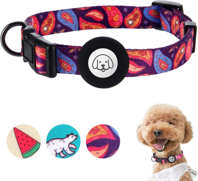 Adjustable Soft Airtag Dog Collar, Print Flower Multicolor Cute Patterns Polyester Dog Collar(L, Purple)