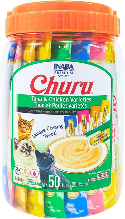 INABA Churu Treats Cats Tuna Variety Cats Treats for Cat, 50 Count 700 Grams, Tuna & Chicken Variety
